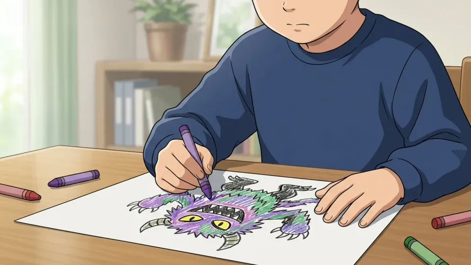 3つの目を持つ怪物の絵を描く子供