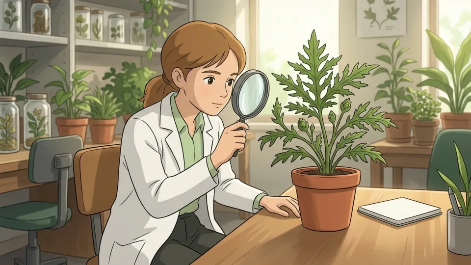 科学者が植物の構造を観察している場面