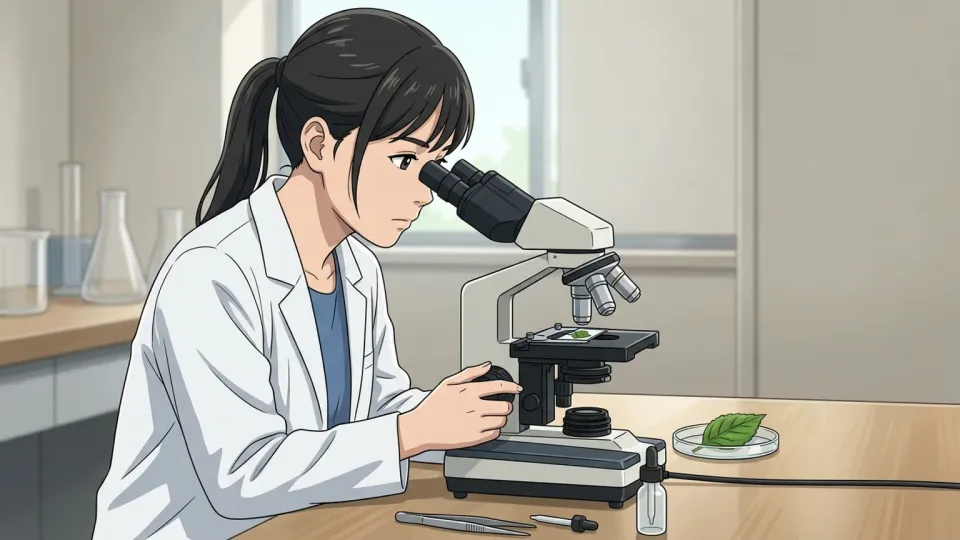 植物の形態を顕微鏡で観察している研究者