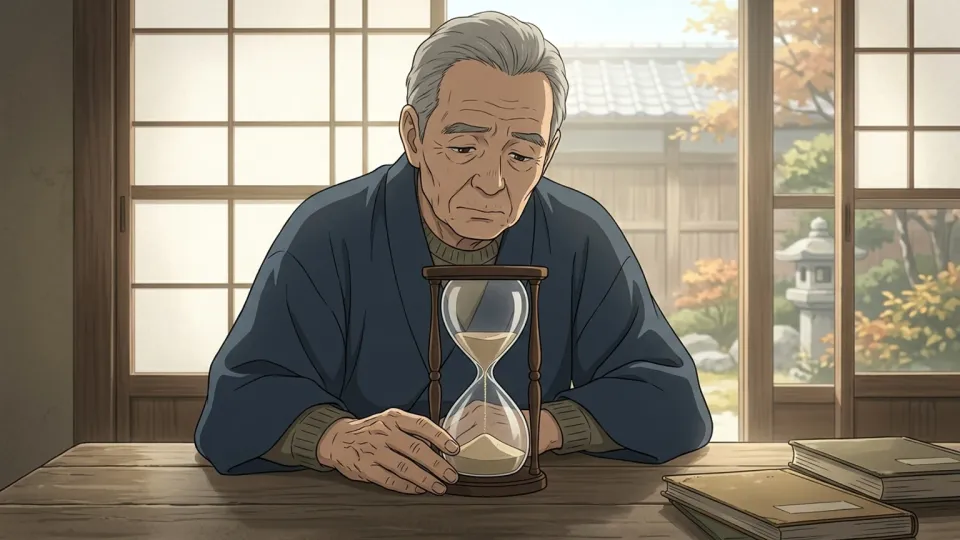 砂時計を見つめる老齢の男性