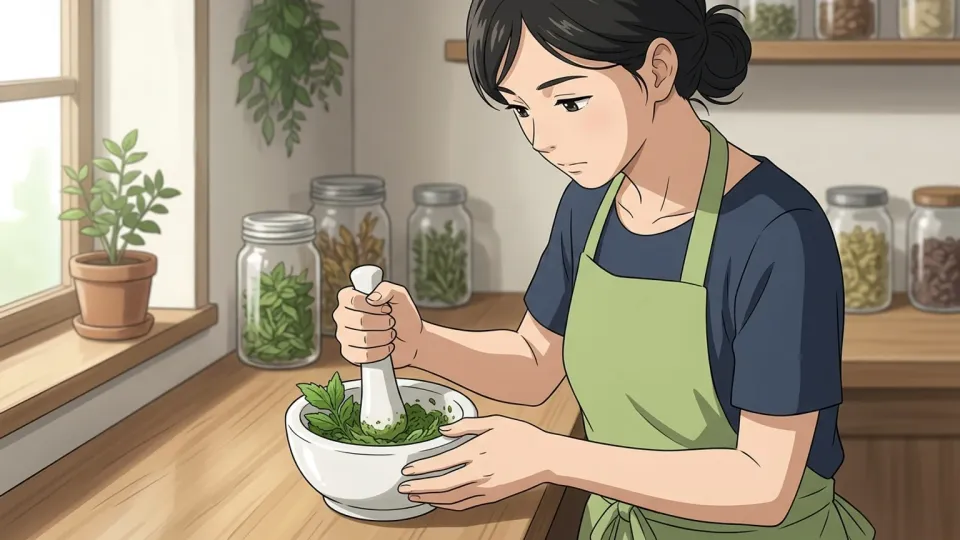 女性が陶器のすり鉢にすりこぎを入れてハーブをつぶしている場面
