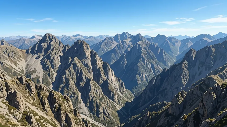 険しい山々が続く山岳地帯の風景