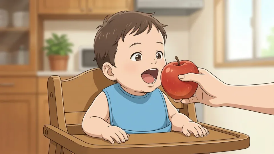 リンゴを食べようとして口を開けている赤ちゃん