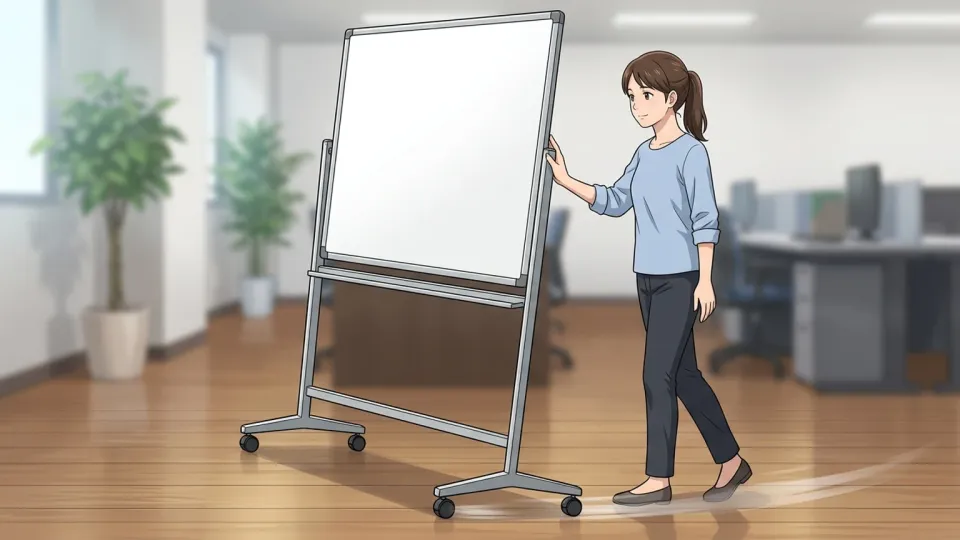 車輪付きのホワイトボードを手で押して動かしている女性