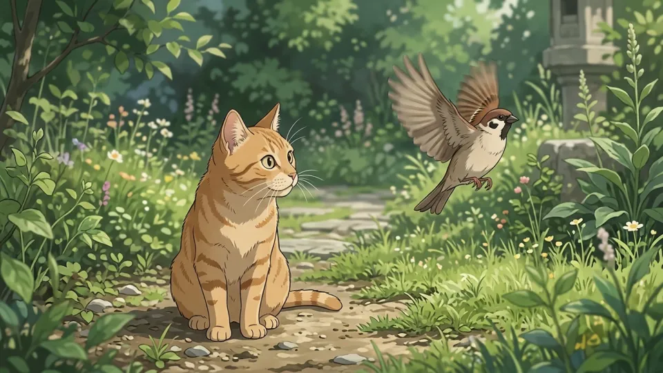 鳥の動きを追う猫