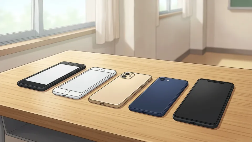 机の上に置かれた複数台のスマートフォン