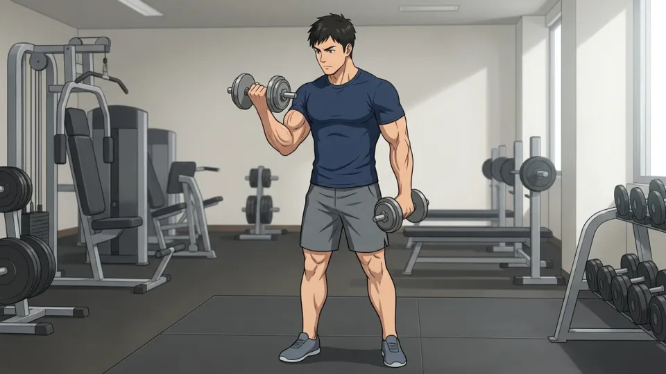 ダンベルで腕の筋肉を鍛える男性
