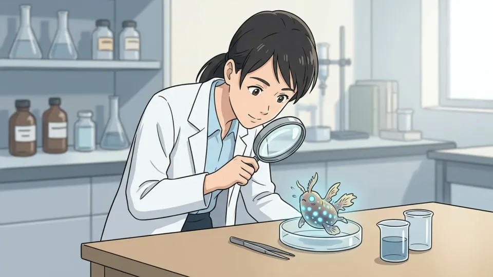 研究者が珍しい形状の生物を観察している様子