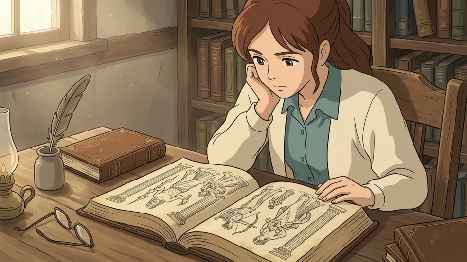 古代の神話の本を開いて勉強する女性