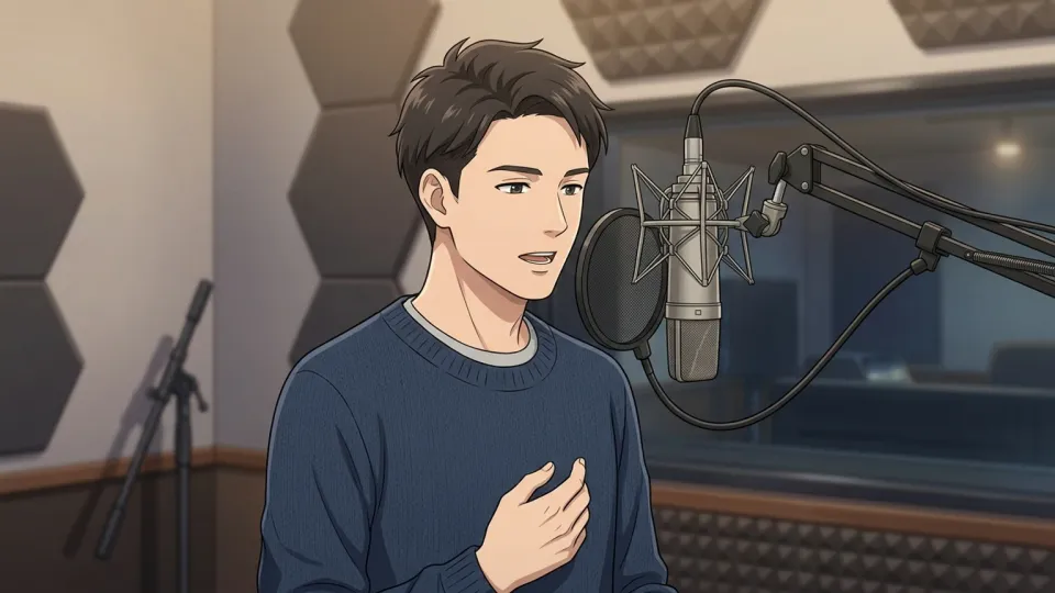 マイクに向かって声をあてる男性声優