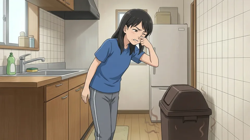 ゴミの異臭に顔をしかめる人。