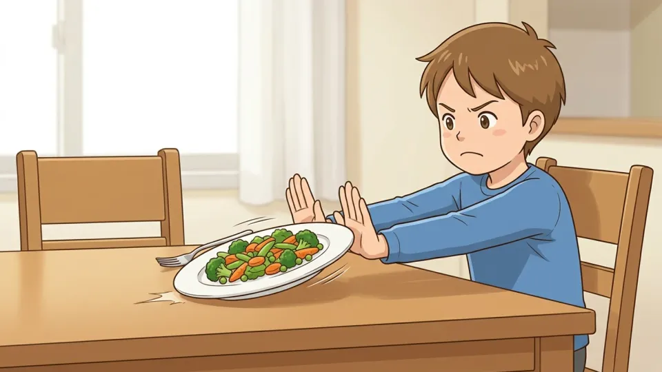 野菜を食べずにそっぽを向く行儀の悪い男の子