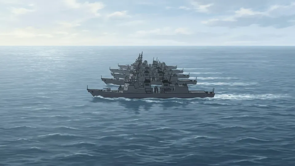 海を航行する軍艦の列