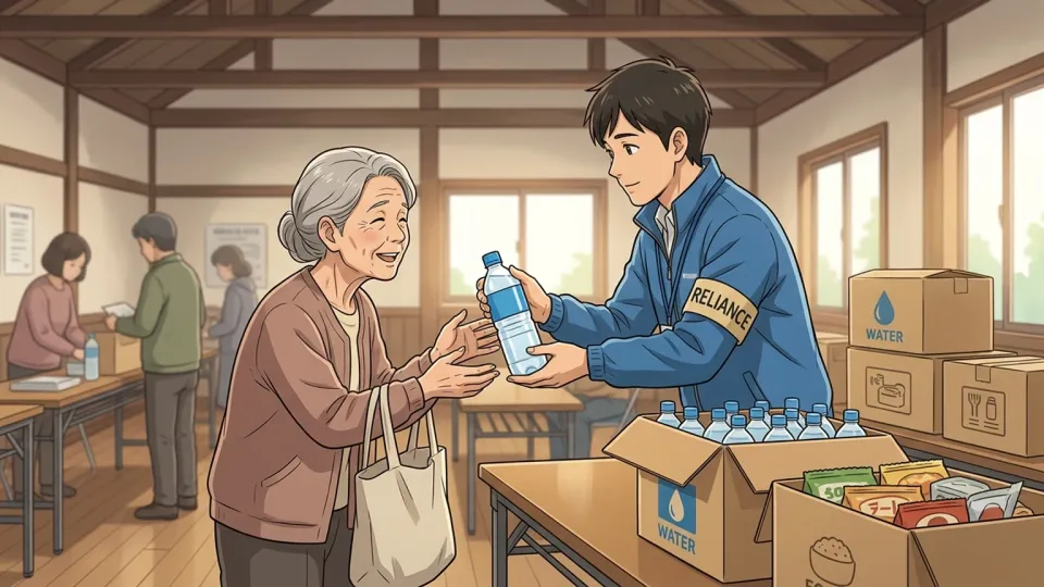災害後に飲料水などの生活必需品を配布する支援所