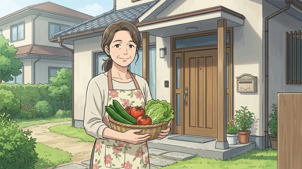 庭で採れた野菜を届けてくれる近所の人