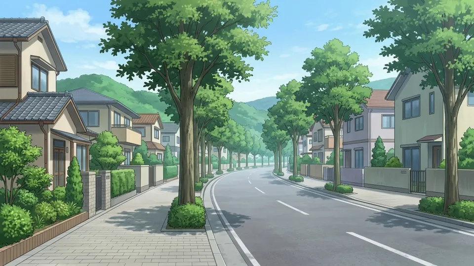 木立と住宅が並ぶ静かな近隣の風景
