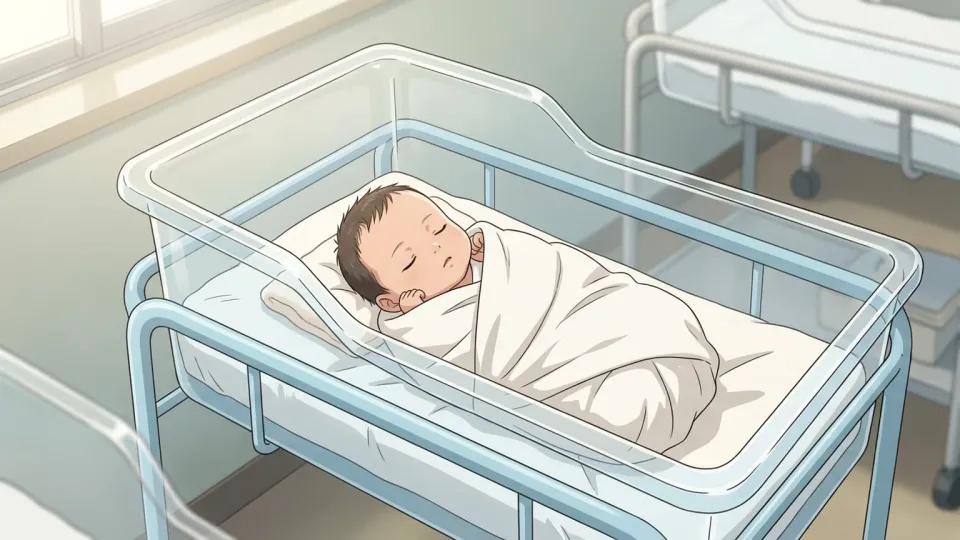 ベビーベッドで眠る新生児のイラスト