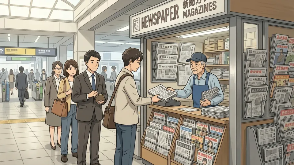 朝刊を買う通勤客が並ぶ駅の新聞売り場