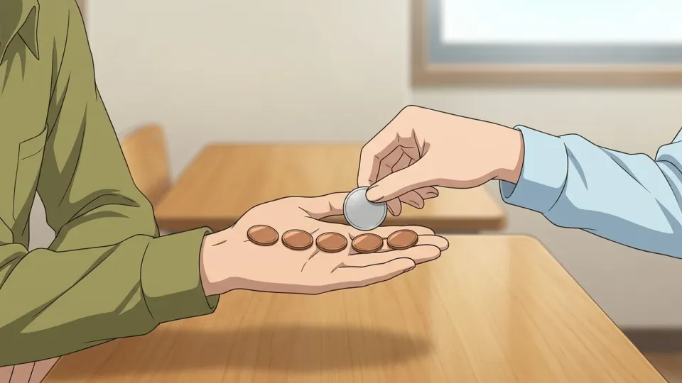 手のひらに乗せた5セント硬貨を見せる人物