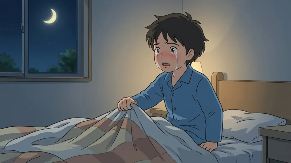 ベッドで泣きながら目を覚ます子供