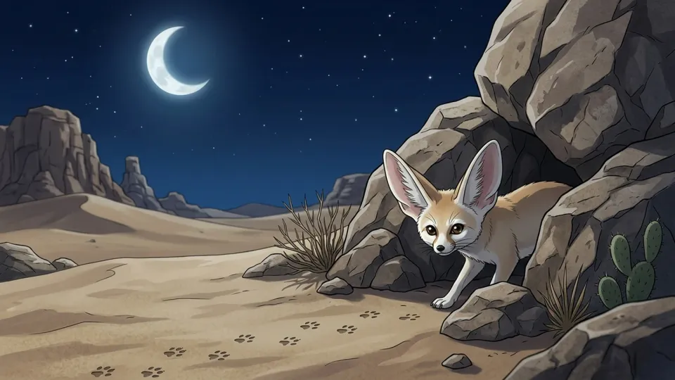 夜の砂漠で活動する砂漠ギツネのイラスト