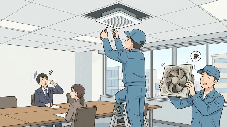 会議室のうるさい換気扇を交換する保守作業員
