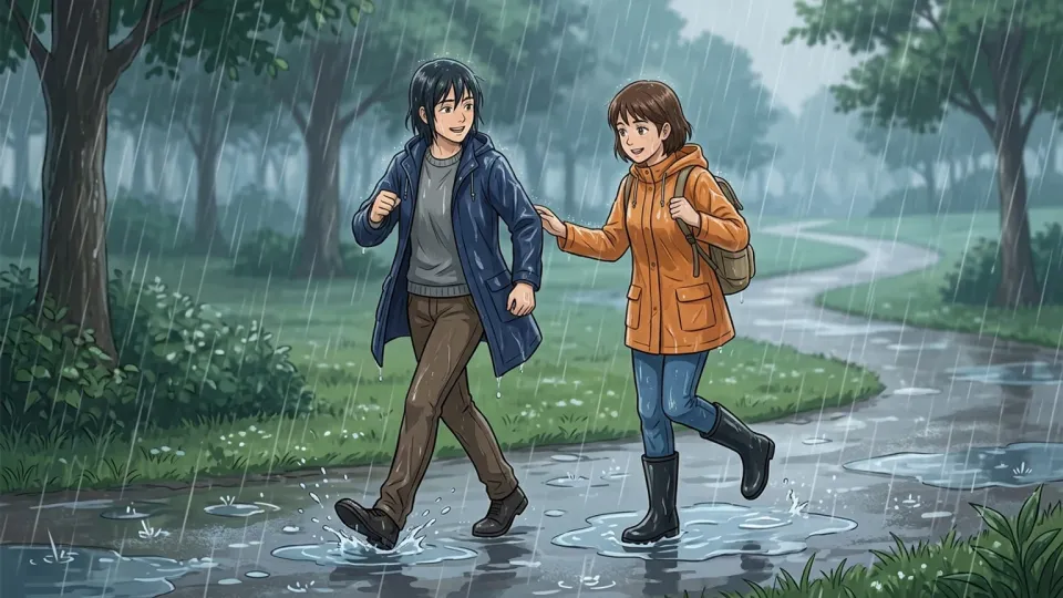 雨の中で散歩に出かける人々
