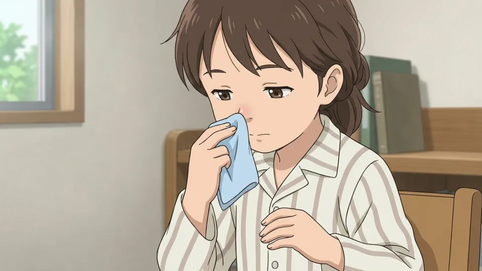 ハンカチで鼻を拭く子供。