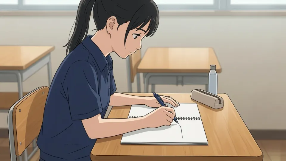机の上で開かれたノートにペンで書き込んでいる手