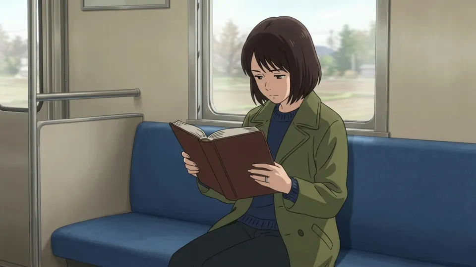 電車で小説を読む女性