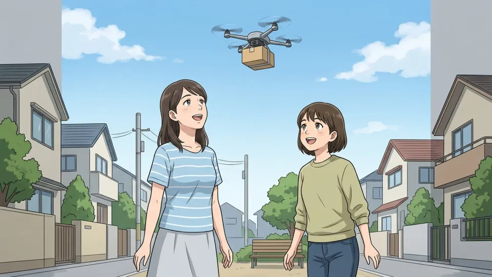 空を飛ぶ配達ドローンを見上げて楽しそうにしている人々のイラスト