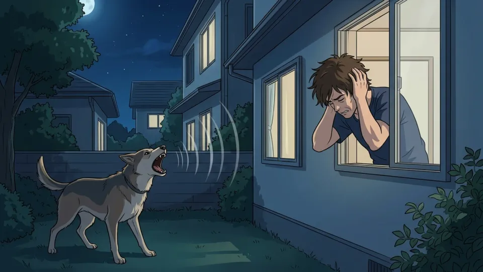 夜中に犬が激しく吠えて隣人を困らせている様子