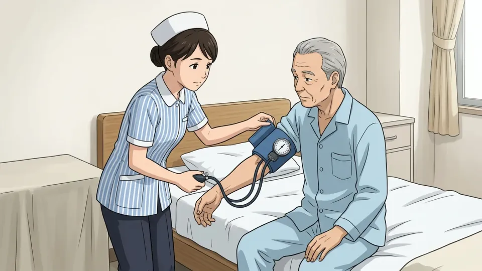 看護師が患者の血圧を測定している様子。