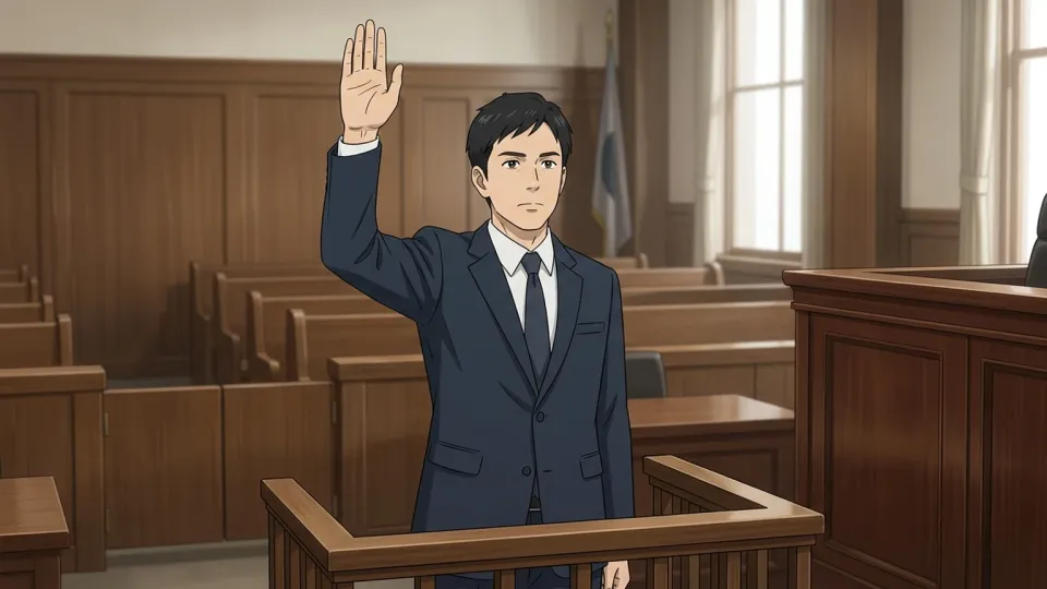 法廷で宣誓する証人。