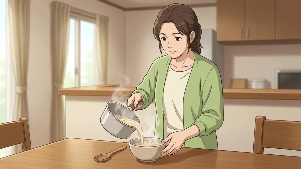 食卓の温かいオートミールの入ったお椀