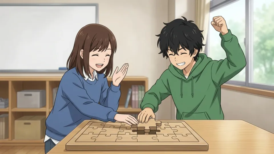 チームが目標を達成して喜んでいる様子