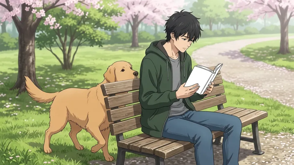 ベンチで本を読む男性と、背後から近づく犬のイラスト