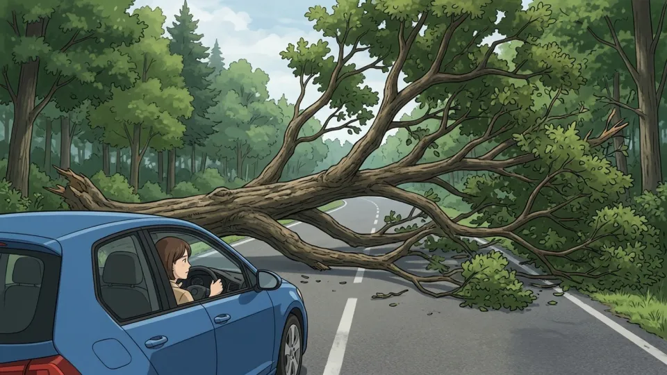 道路をふさぐ倒木の様子