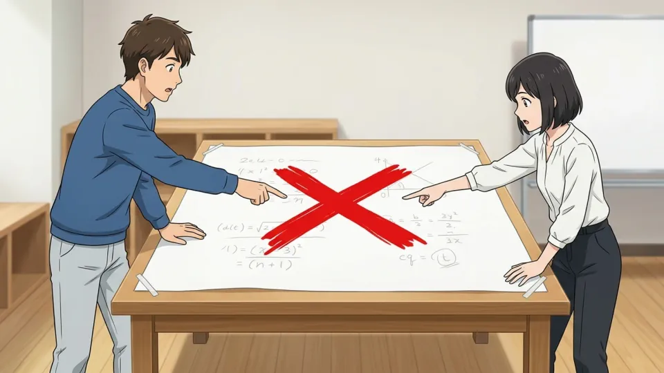 部屋にいる全員が紙の上の間違いを指さしている様子