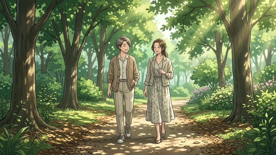 公園を散歩する二人