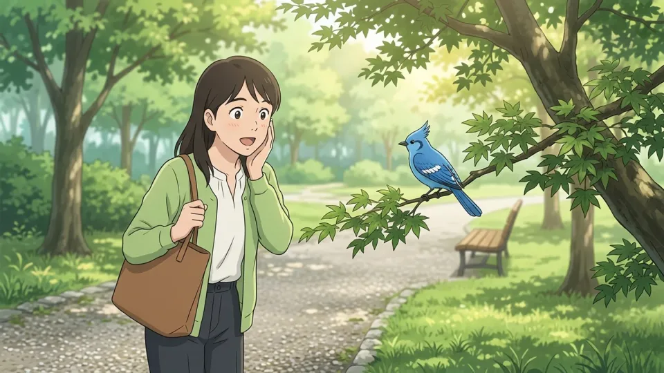 公園で珍しい鳥が現れて驚いている様子