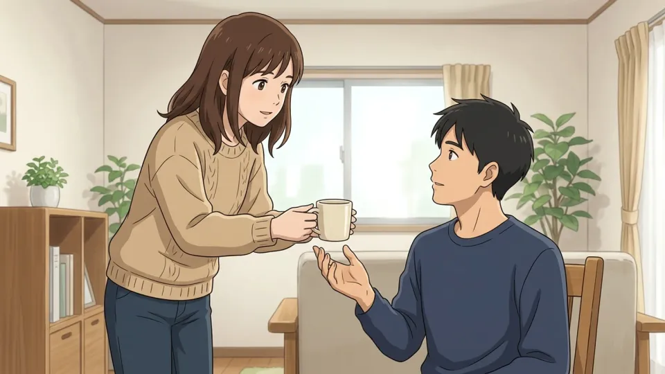 女性が男性にコーヒーを差し出す様子