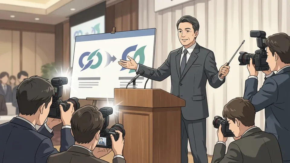 会社が合併を正式に発表する記者会見