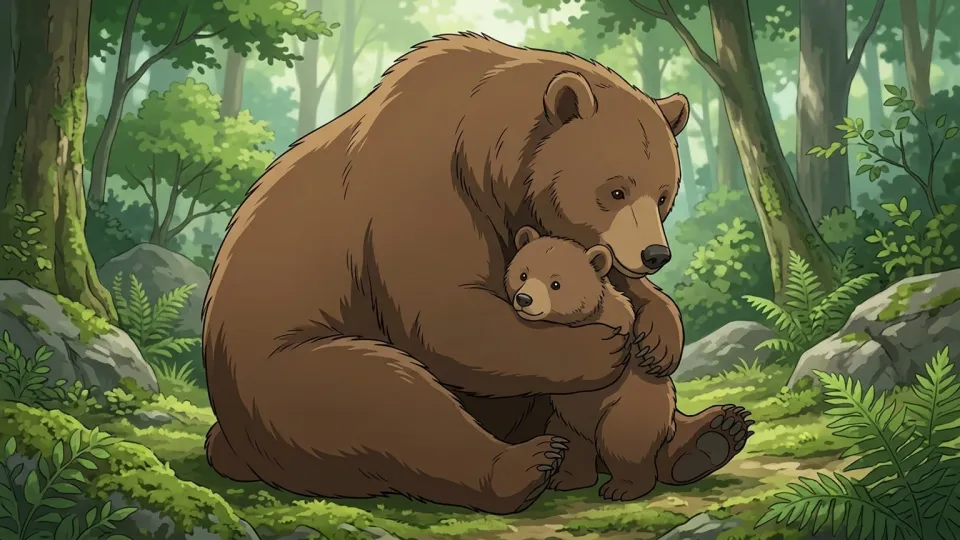 森の中で母グマと子グマがいる様子