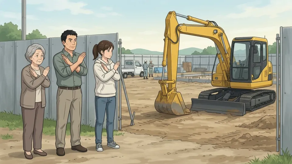 工場建設に反対する住民たちのイラスト