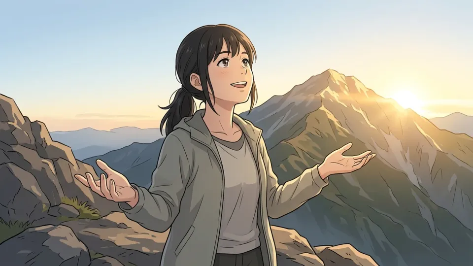 山頂を見上げて笑顔を見せる女性のイラスト