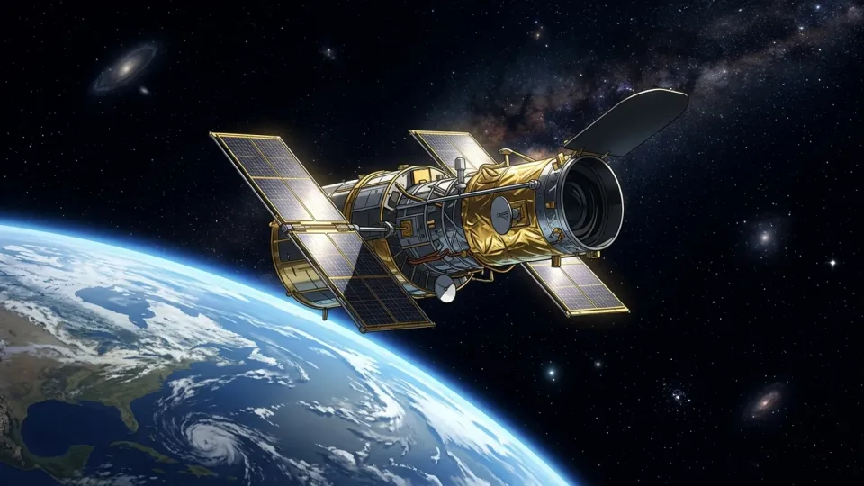 宇宙空間で地球の軌道上を周回する巨大な望遠鏡