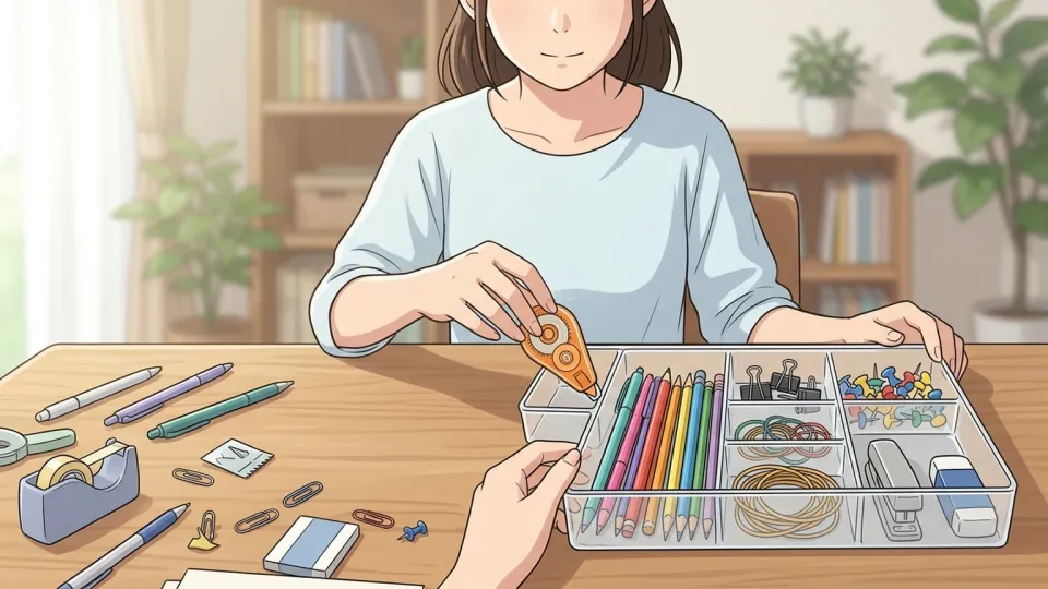 女性が机の上を整理している様子