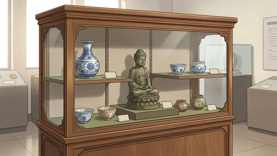 アジアの伝統的な工芸品が並ぶ博物館の展示