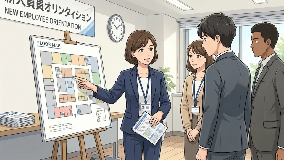 月曜朝の新入社員向け説明会で、担当者が社内地図を示しながら施設を案内している様子